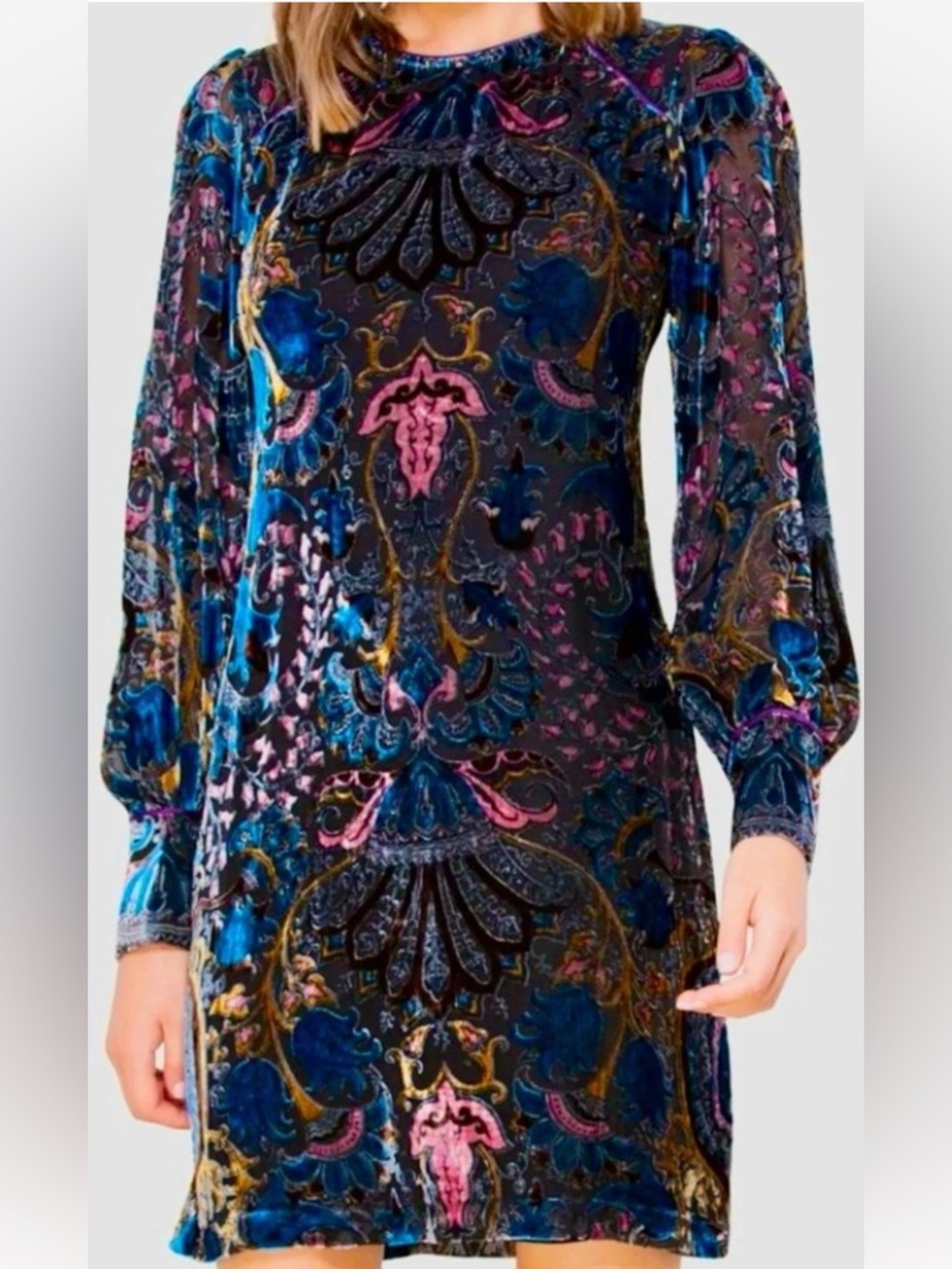 Hale Bob Odile Medallion Silk/Rayon Velvet Burnout Beaded Dress Black Sz Large